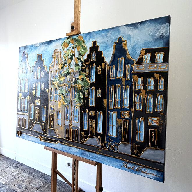 Painting - Rick Triest - 100x150 cm - Amsterdam Signature Gold Series - Prinsengracht - Blue & Gold # 1236