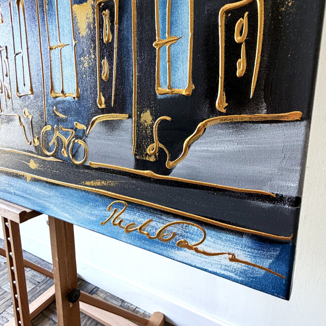 Schilderij- Rick Triest - 100x150 cm - Amsterdam Signature Gold Series - Prinsengracht - Blue & Gold # 1236