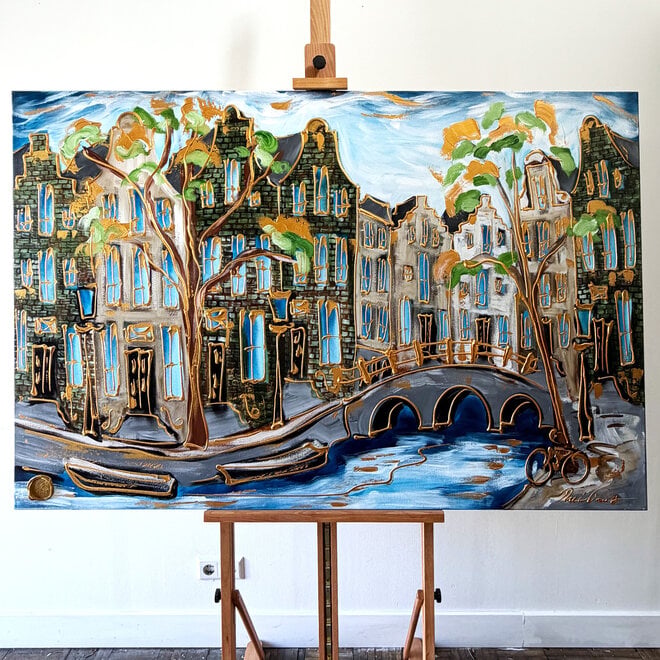 Painting- 100x150 cm - Amsterdam Signature Gold Series - Prinsengracht - Blue & Gold # 1237
