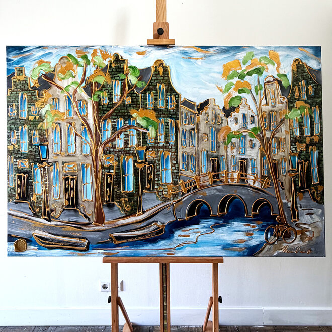 Schilderij- 100x150 cm  - Amsterdam Signature Gold Series - Prinsengracht - Blue & Gold # 1237