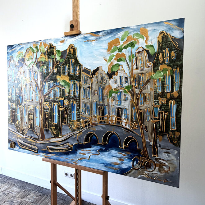 Schilderij- Rick Triest - 100x150 cm  - Amsterdam Signature Gold Series - Prinsengracht - Blue & Gold # 1237
