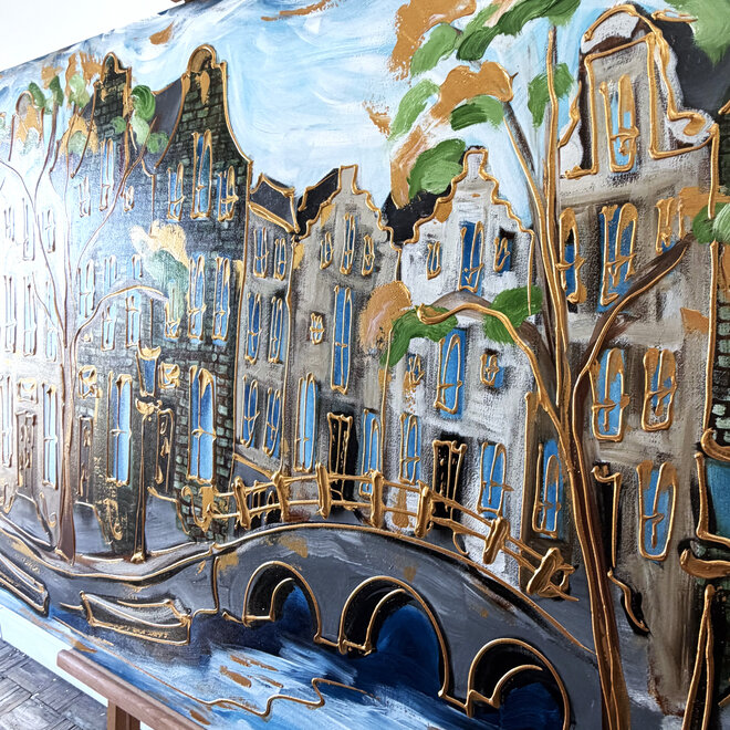 Schilderij- Rick Triest - 100x150 cm  - Amsterdam Signature Gold Series - Prinsengracht - Blue & Gold # 1237