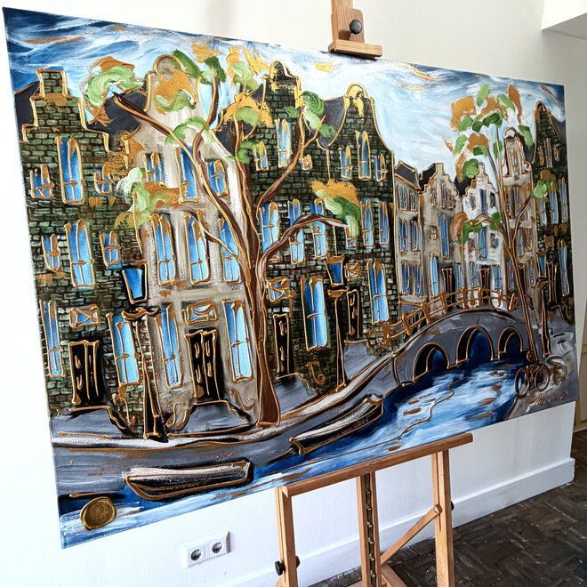 Painting - Rick Triest - 100x150 cm - Amsterdam Signature Gold Series - Prinsengracht - Blue & Gold # 1237