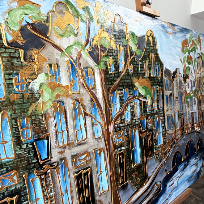 Painting - Rick Triest - 100x150 cm - Amsterdam Signature Gold Series - Prinsengracht - Blue & Gold # 1237