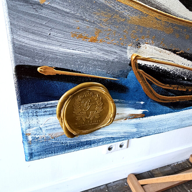 Schilderij- Rick Triest - 100x150 cm  - Amsterdam Signature Gold Series - Prinsengracht - Blue & Gold # 1237