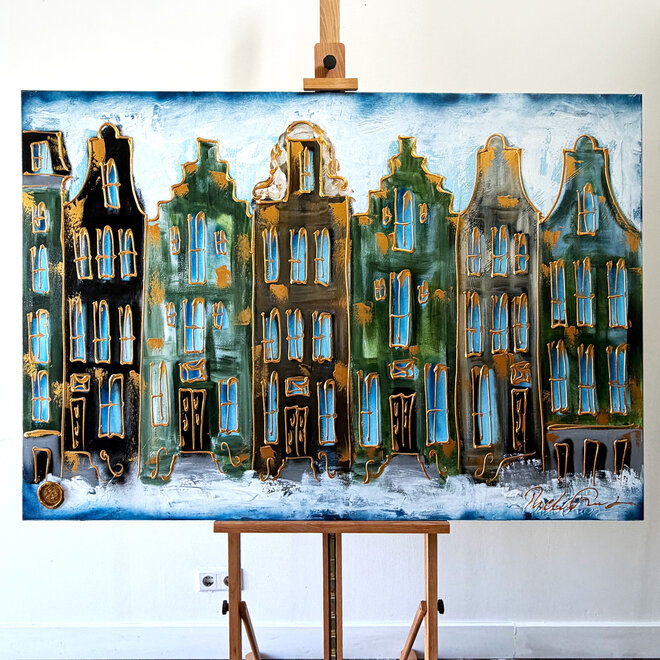 Painting- 100x150 cm - Amsterdam Signature Gold Series - Prinsengracht - Blue & Gold # 1238