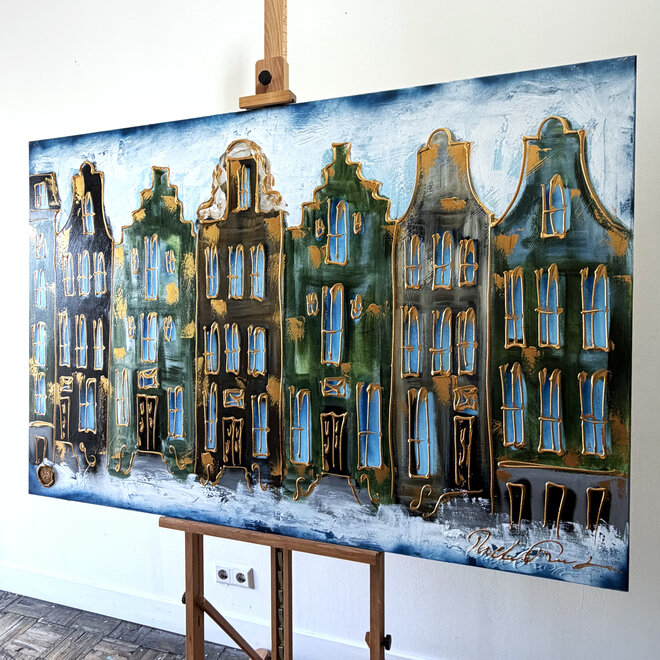 Painting - Rick Triest - 100x150 cm - Amsterdam Signature Gold Series - Prinsengracht - Blue & Gold # 1238
