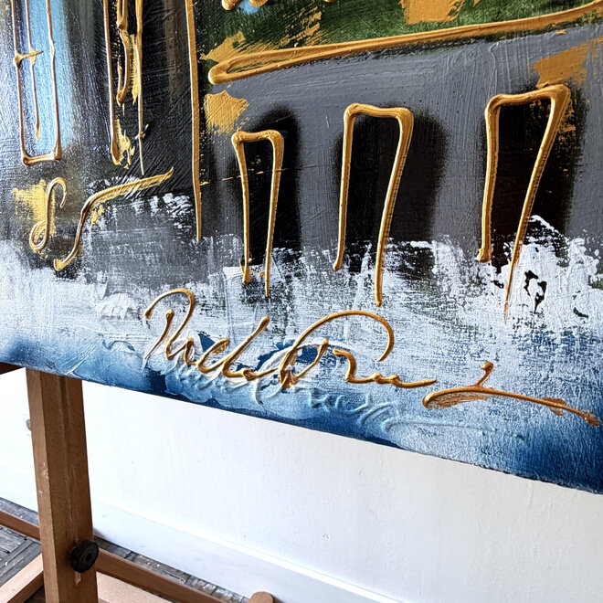 Schilderij- Rick Triest - 100x150 cm - Amsterdam Signature Gold Series - Prinsengracht - Blue & Gold # 1238