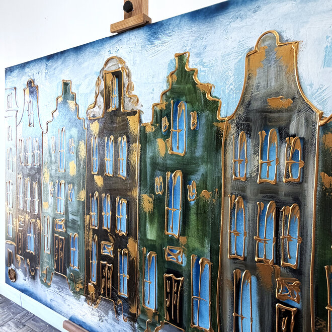 Schilderij- Rick Triest - 100x150 cm - Amsterdam Signature Gold Series - Prinsengracht - Blue & Gold # 1238