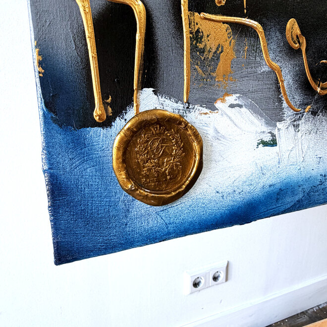 Schilderij- Rick Triest - 100x150 cm - Amsterdam Signature Gold Series - Prinsengracht - Blue & Gold # 1238
