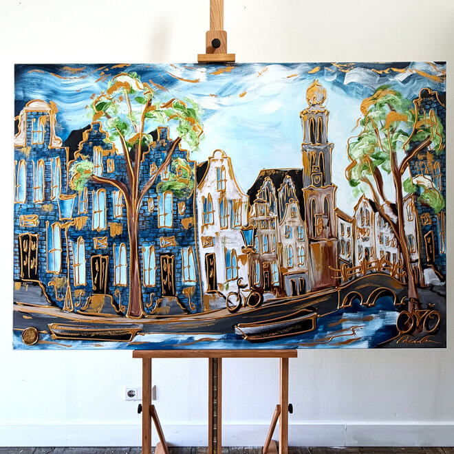 Painting - Rick Triest - 100x150 cm - Amsterdam Signature Gold Series - Prinsengracht - Blue & Gold # 1239- Westertoren