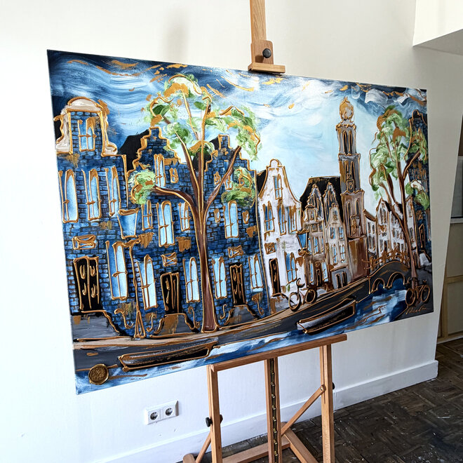 Painting - Rick Triest - 100x150 cm - Amsterdam Signature Gold Series - Prinsengracht - Blue & Gold # 1239- Westertoren
