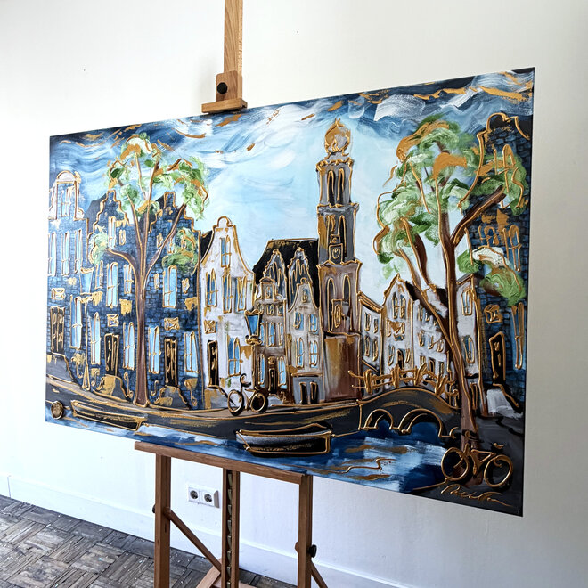 Painting - Rick Triest - 100x150 cm - Amsterdam Signature Gold Series - Prinsengracht - Blue & Gold # 1239- Westertoren