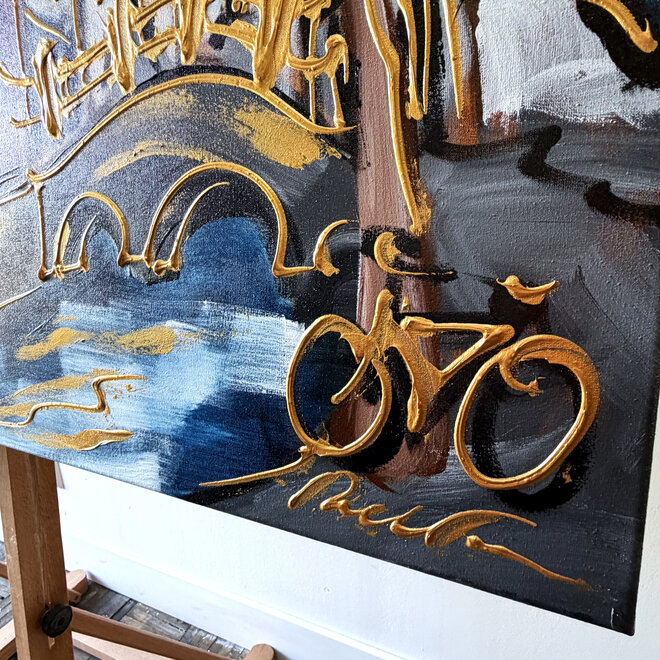Painting - Rick Triest - 100x150 cm - Amsterdam Signature Gold Series - Prinsengracht - Blue & Gold # 1239- Westertoren