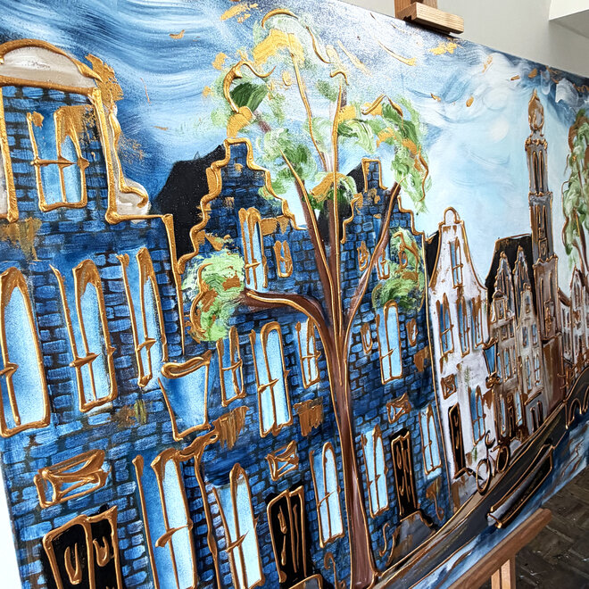 Painting - Rick Triest - 100x150 cm - Amsterdam Signature Gold Series - Prinsengracht - Blue & Gold # 1239- Westertoren