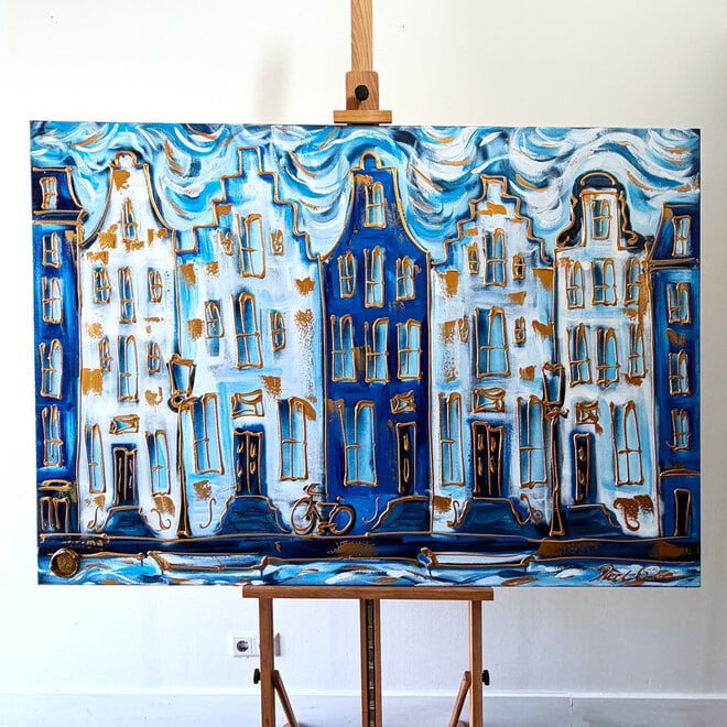 Painting- 100x150 cm - Amsterdam Signature Gold Series - Prinsengracht - Blue & Gold # 1241