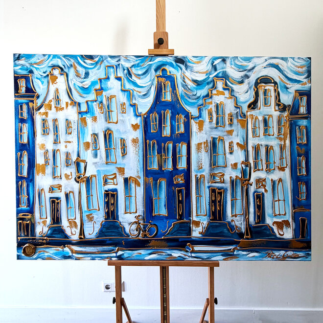 Painting - Rick Triest - 100x150 cm - Amsterdam Signature Gold Series - Prinsengracht - Blue & Gold # 1241