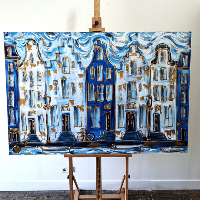Schilderij- Rick Triest - 100x150 cm - Amsterdam Signature Gold Series - Prinsengracht - Blue & Gold # 1241