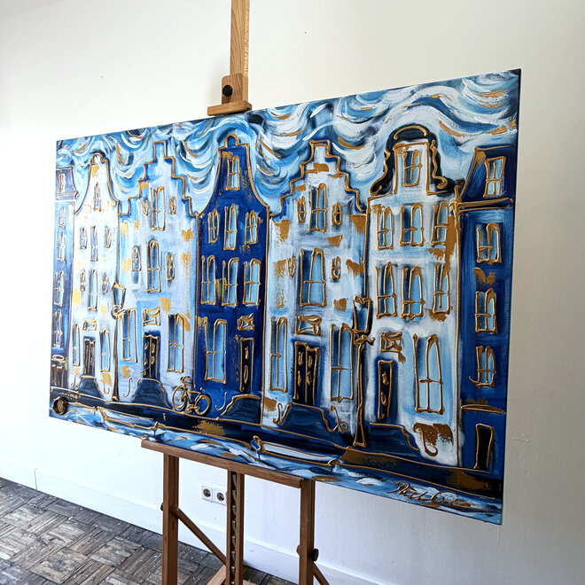 Schilderij- Rick Triest - 100x150 cm - Amsterdam Signature Gold Series - Prinsengracht - Blue & Gold # 1241
