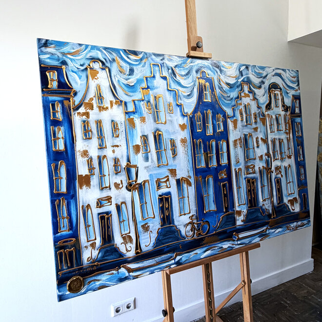 Schilderij- Rick Triest - 100x150 cm - Amsterdam Signature Gold Series - Prinsengracht - Blue & Gold # 1241