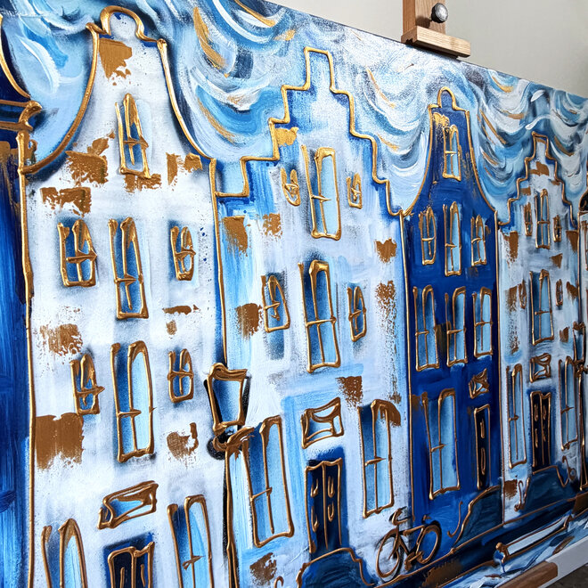 Schilderij- Rick Triest - 100x150 cm - Amsterdam Signature Gold Series - Prinsengracht - Blue & Gold # 1241