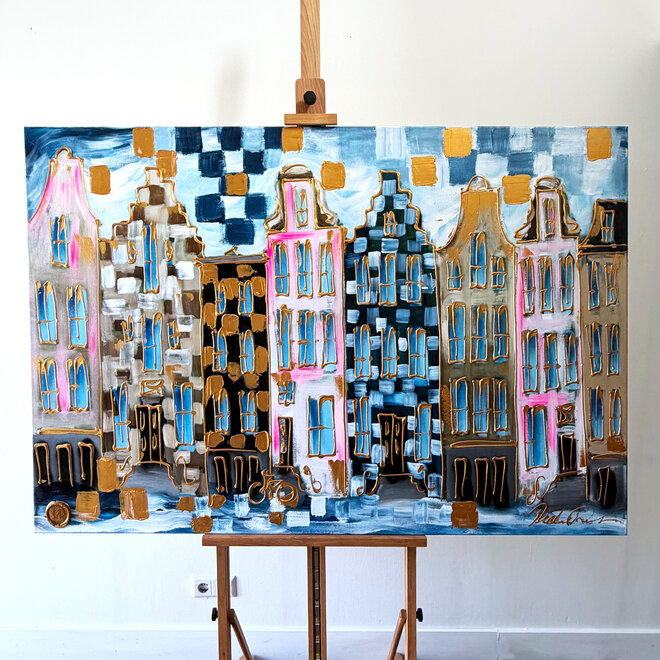 Schilderij- 100x150 cm  - Amsterdam Signature Gold Series - Prinsengracht - Blue & Gold # 1242