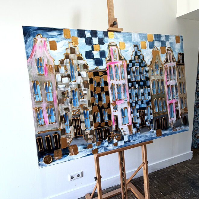 Painting - Rick Triest - 100x150 cm - Amsterdam Signature Gold Series - Prinsengracht - Blue & Gold # 1242