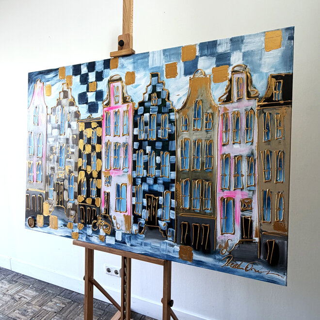 Painting - Rick Triest - 100x150 cm - Amsterdam Signature Gold Series - Prinsengracht - Blue & Gold # 1242