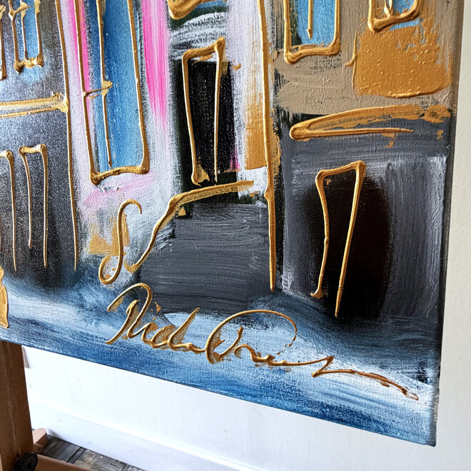 Schilderij- Rick Triest - 100x150 cm  - Amsterdam Signature Gold Series - Prinsengracht - Blue & Gold # 1242