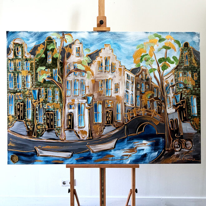 Schilderij- 100x150 cm  - Amsterdam Signature Gold Series - Prinsengracht - Blue & Gold # 1243