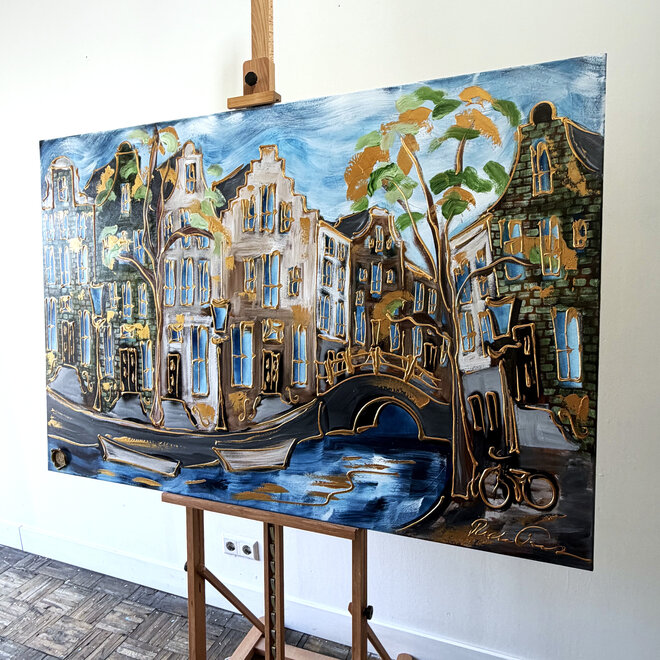 Schilderij- Rick Triest - 100x150 cm - Amsterdam Signature Gold Series - Prinsengracht - Blue & Gold # 1243