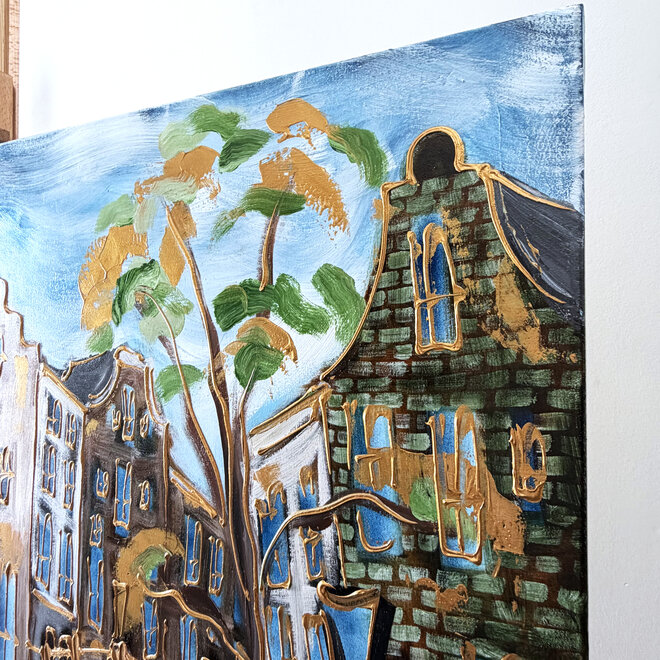 Painting - Rick Triest - 100x150 cm - Amsterdam Signature Gold Series - Prinsengracht - Blue & Gold # 1243