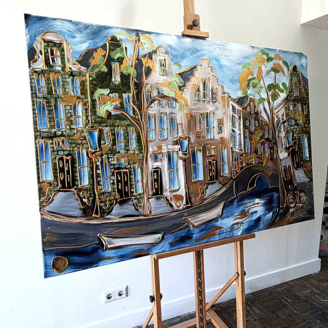 Painting - Rick Triest - 100x150 cm - Amsterdam Signature Gold Series - Prinsengracht - Blue & Gold # 1243
