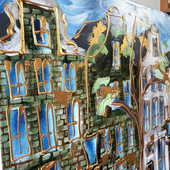 Schilderij- Rick Triest - 100x150 cm - Amsterdam Signature Gold Series - Prinsengracht - Blue & Gold # 1243