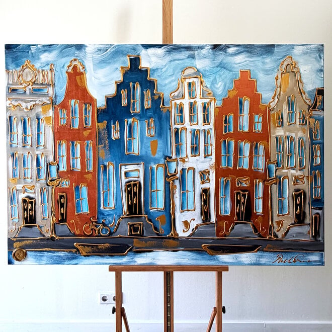 Painting- 100x150 cm - Amsterdam Signature Gold Series - Prinsengracht - Blue & Gold # 1244