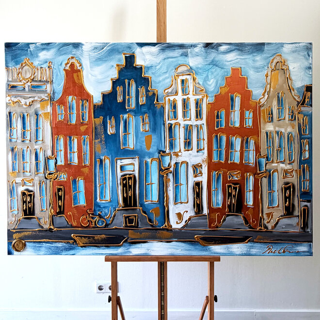 Painting - Rick Triest - 100x150 cm - Amsterdam Signature Gold Series - Prinsengracht - Blue & Gold # 1244