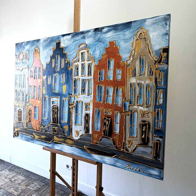 Schilderij- Rick Triest - 100x150 cm  - Amsterdam Signature Gold Series - Prinsengracht - Blue & Gold # 1244