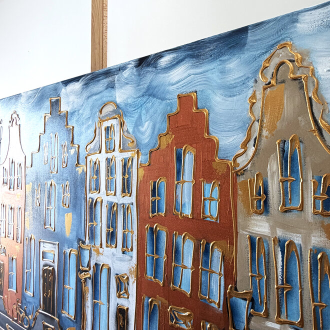 Schilderij- Rick Triest - 100x150 cm  - Amsterdam Signature Gold Series - Prinsengracht - Blue & Gold # 1244