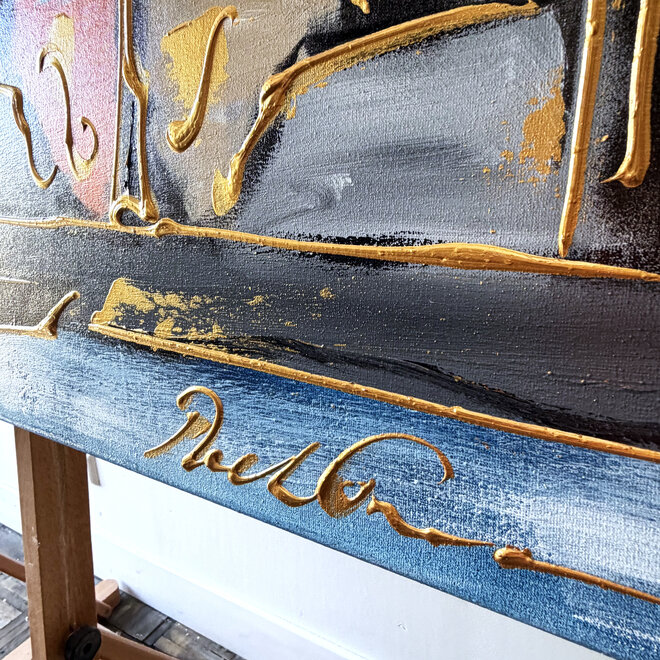 Painting - Rick Triest - 100x150 cm - Amsterdam Signature Gold Series - Prinsengracht - Blue & Gold # 1244