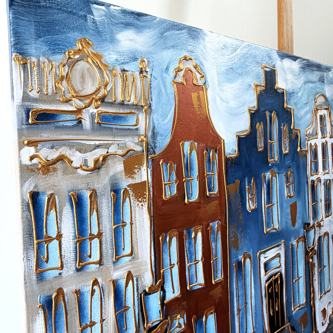 Schilderij- Rick Triest - 100x150 cm  - Amsterdam Signature Gold Series - Prinsengracht - Blue & Gold # 1244
