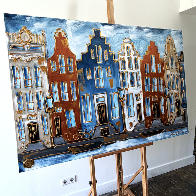 Schilderij- Rick Triest - 100x150 cm  - Amsterdam Signature Gold Series - Prinsengracht - Blue & Gold # 1244