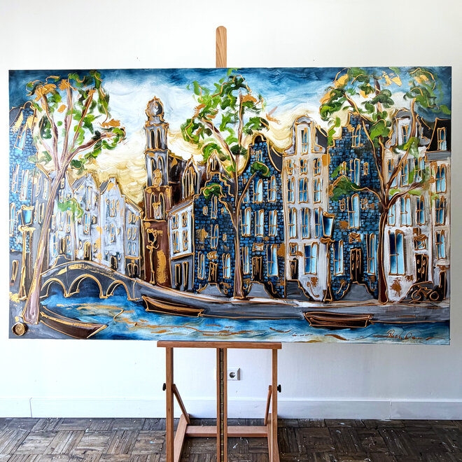 Schilderij- 120x200 cm  - Amsterdam Signature Gold Series - Prinsengracht - Blue & Gold - Westertoren