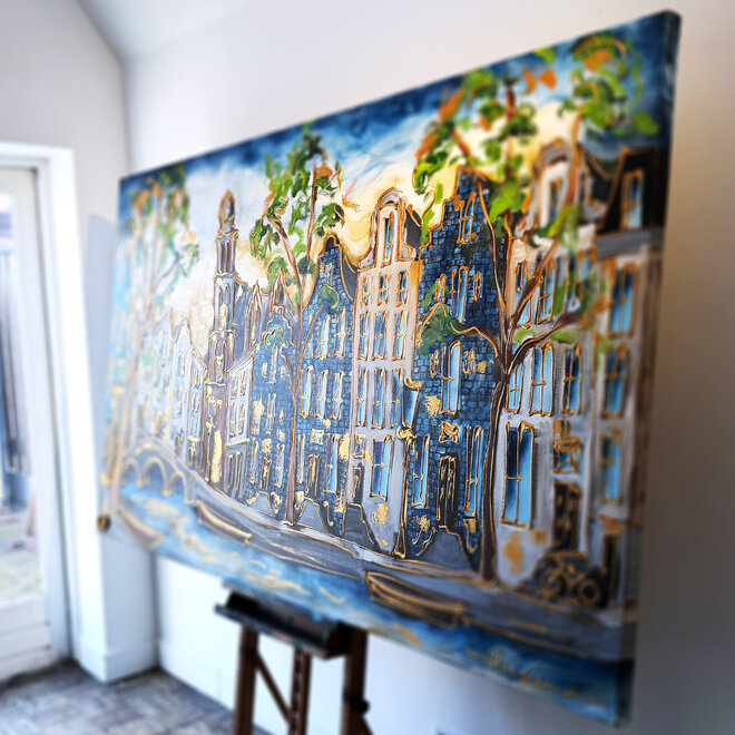 Painting - Rick Triest - 100x150 cm - Amsterdam Signature Gold Series - Prinsengracht - Blue & Gold - Westertoren
