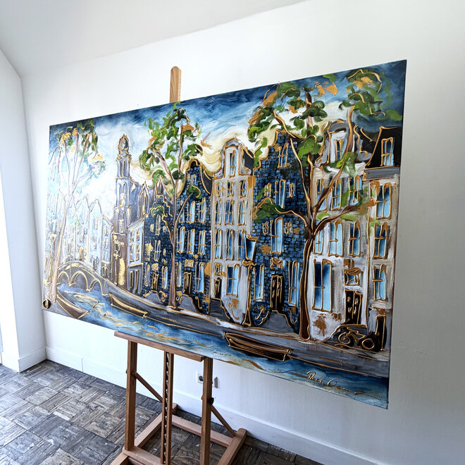 Painting - Rick Triest - 100x150 cm - Amsterdam Signature Gold Series - Prinsengracht - Blue & Gold - Westertoren