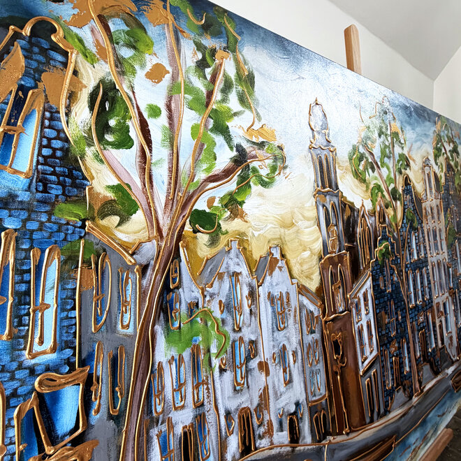 Schilderij- Rick Triest - 100x150 cm  - Amsterdam Signature Gold Series - Prinsengracht - Blue & Gold - Westertoren