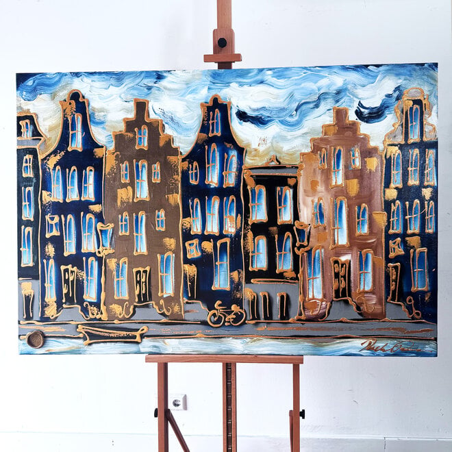 Painting- 100x150 cm - Amsterdam Signature Gold Series - Prinsengracht - Blue & Gold # 1245