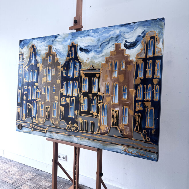 Painting - Rick Triest - 100x150 cm - Amsterdam Signature Gold Series - Prinsengracht - Blue & Gold # 1245