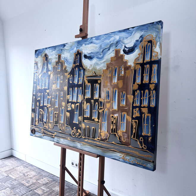 Painting - Rick Triest - 100x150 cm - Amsterdam Signature Gold Series - Prinsengracht - Blue & Gold # 1245