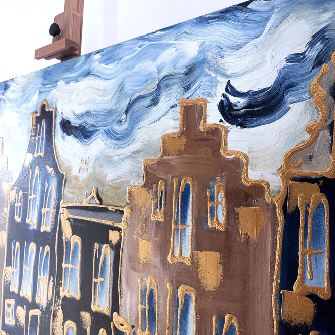 Painting - Rick Triest - 100x150 cm - Amsterdam Signature Gold Series - Prinsengracht - Blue & Gold # 1245