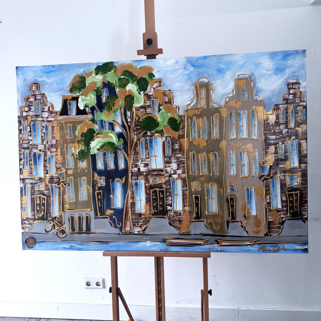 Schilderij- Rick Triest - 100x150 cm  - Amsterdam Signature Gold Series - Prinsengracht - Blue & Gold # 1246